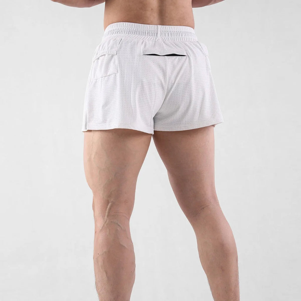 Men's black and white quick-dry nylon summer shorts with a mid waist fit.