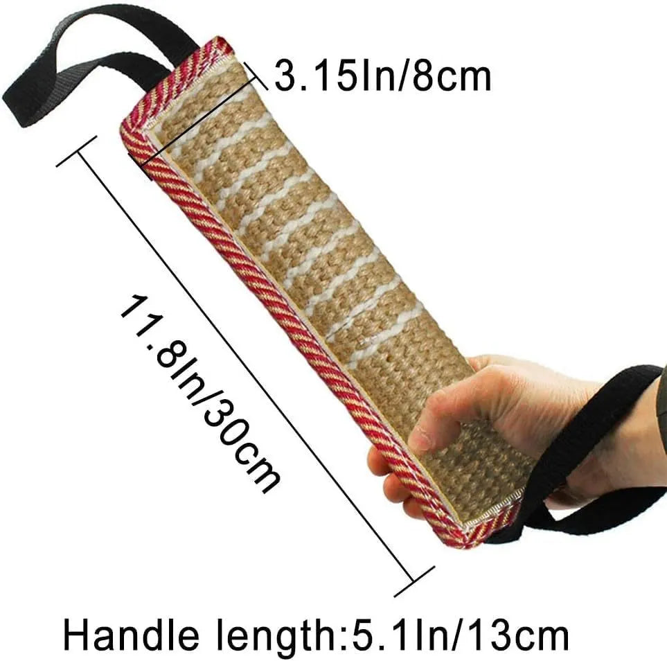 Beige and pink jute dog tug toy with two handles for interactive play