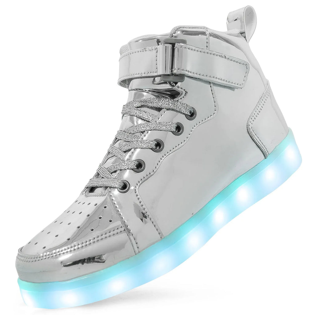 LED light-up high-top board shoes with Velcro strap, shown in multiple colours.