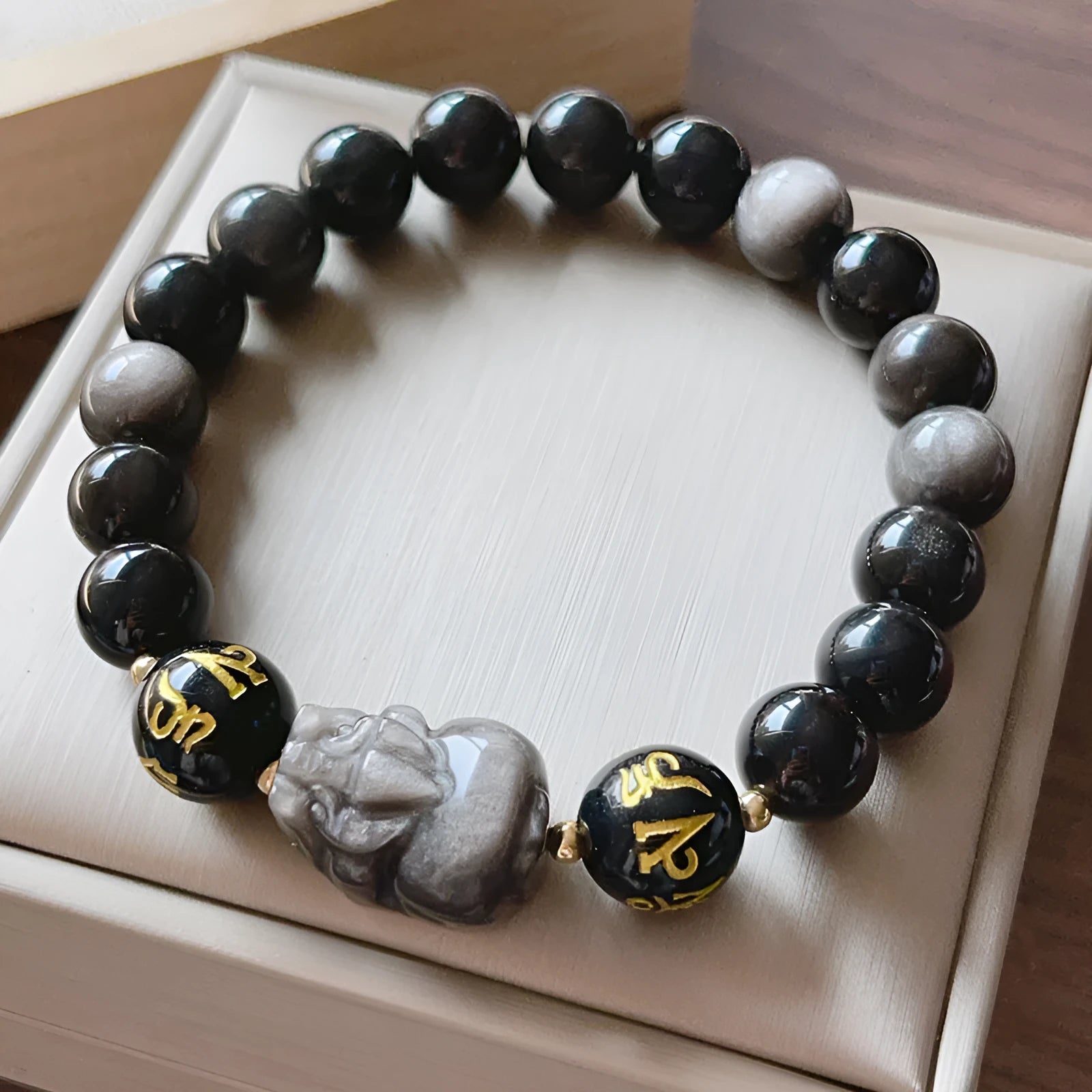 Men's natural silver stone bracelet with Chinese zodiac signs and adjustable design
