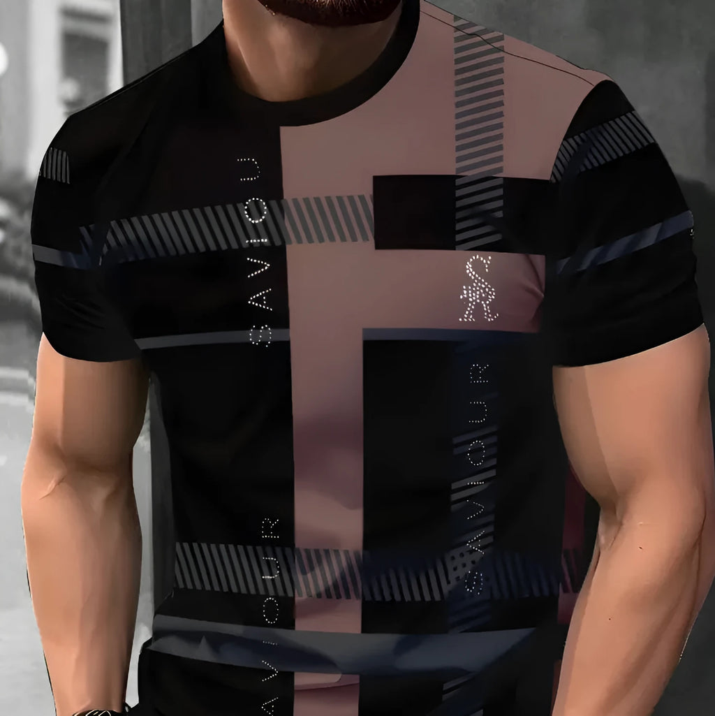 Men's loose-fit short-sleeved T-shirt with digital 3D stripe printing in various colour styles