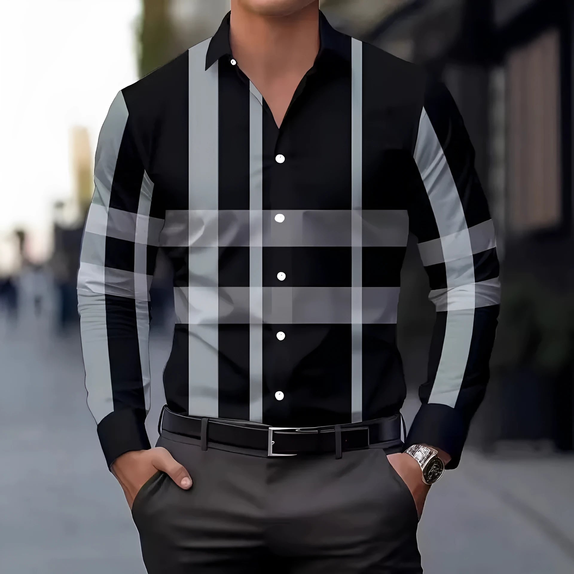 Men's striped button-up shirt with long sleeves and lapel collar in polyester fabric