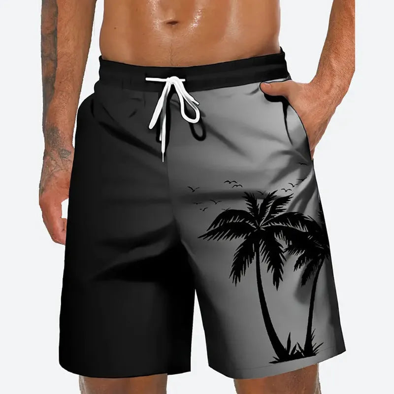 Men's loose fit polyester beach pants in a solid colour on a size chart background.