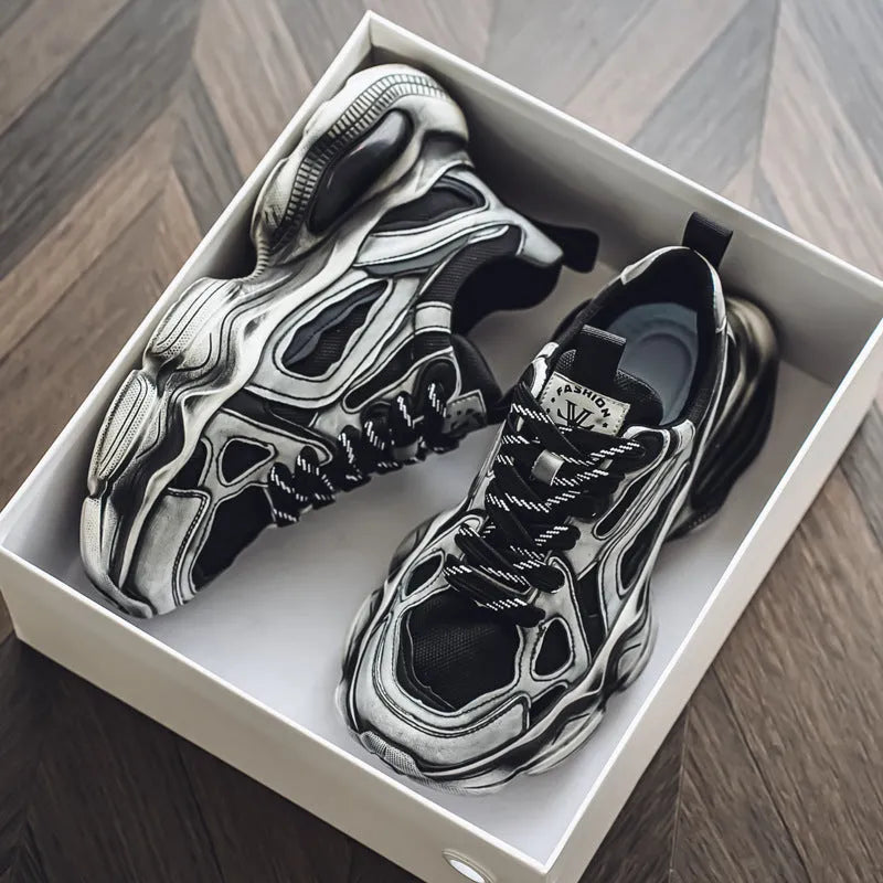 Men's black mesh platform sneaker with white rubber sole and lace-up front