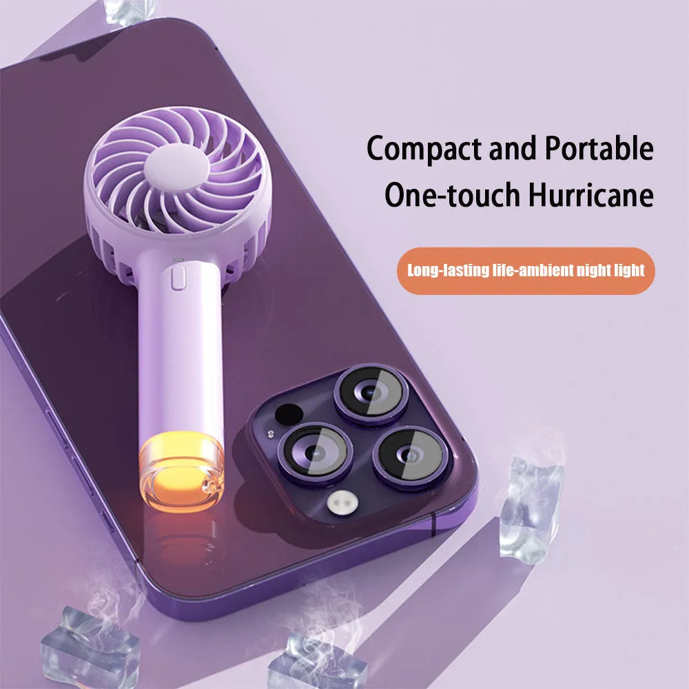 Portable handheld electric fan with colourful mini lamp, round handle, shown in beige, pink, or purple.