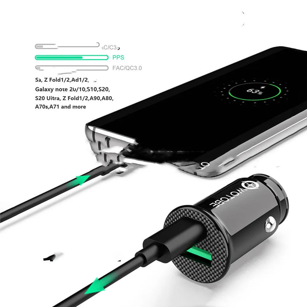 Black 30W mini USB car charger with PD QC3.0 fast charging and LED indicator