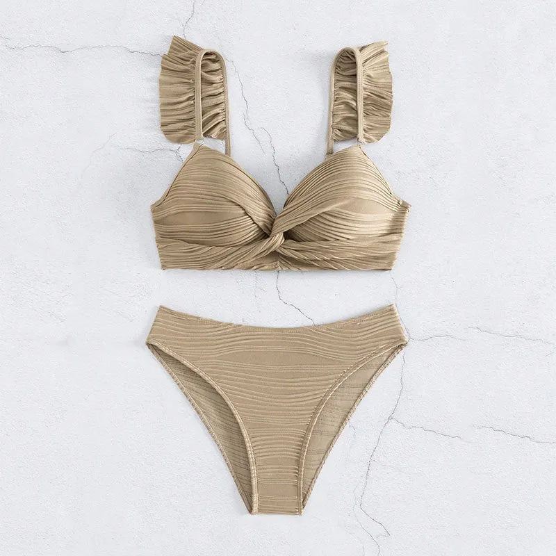 Women's solid colour bikini swimsuit in black or khaki, made from polyester.