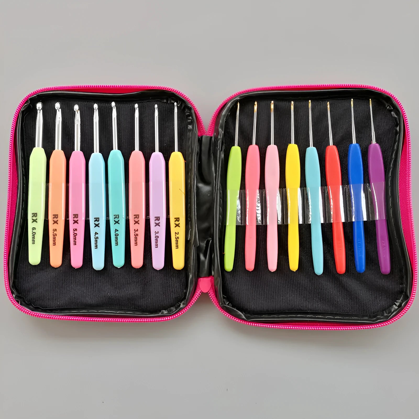 Complete set of 16 crochet hooks with two handle types and a grey PU storage bag