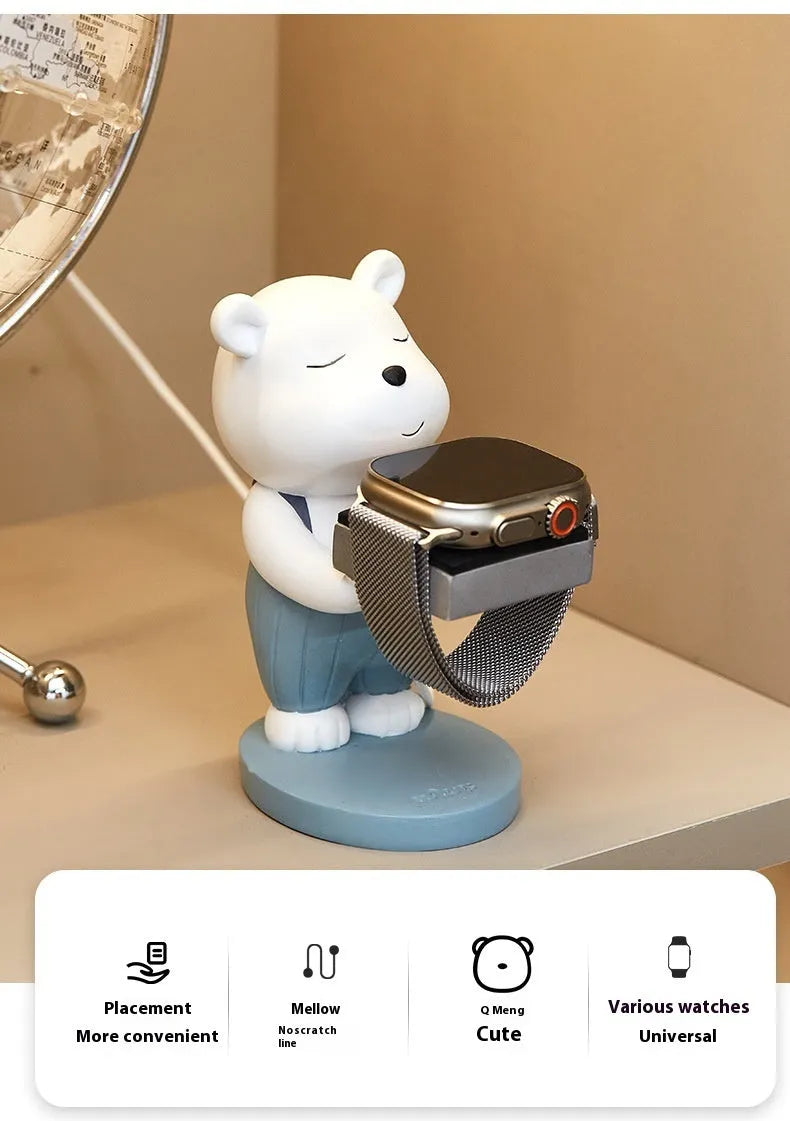 Cartoon baby bear resin watch charger bracket with square support base for bedside table or desk