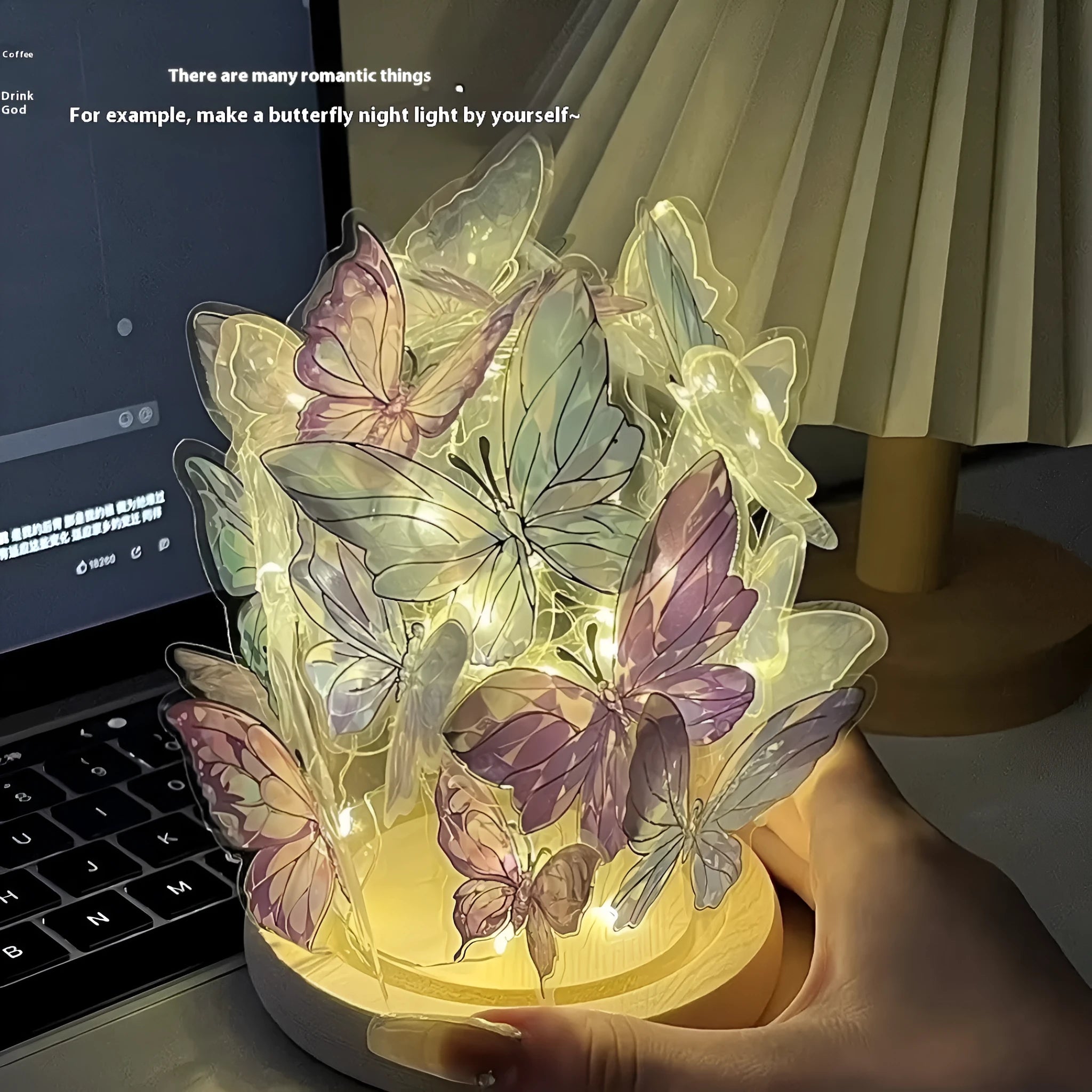 Butterfly-shaped night lamp with glass shade on raw wood base, measuring 12x15cm