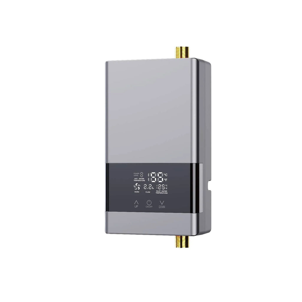 Quick-heating household water heater with LED touch screen display in silver finish
