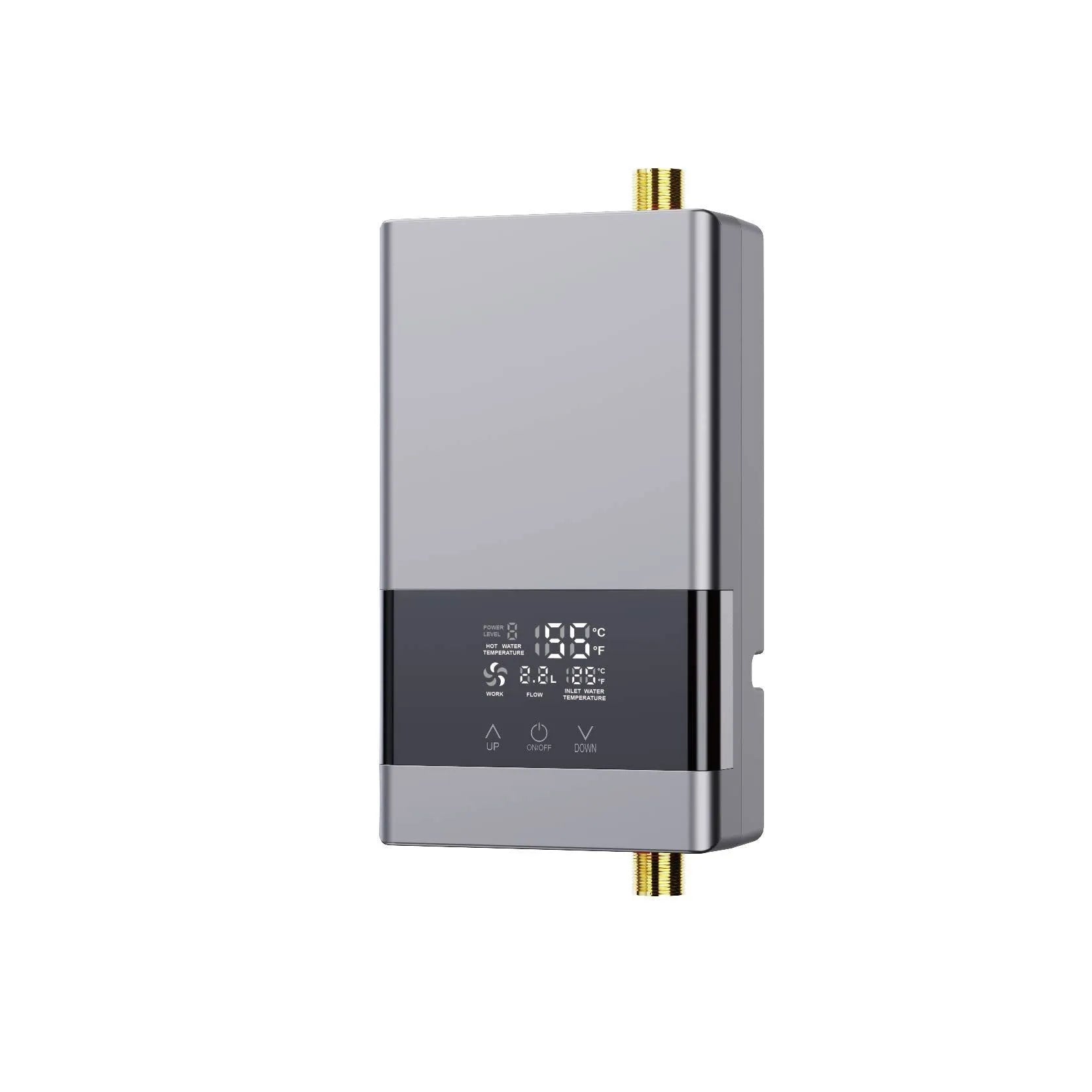 Quick-heating household water heater with LED touch screen display in silver finish