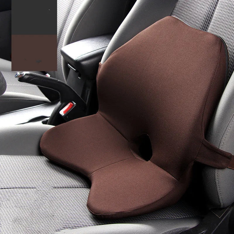Car waist pad and headrest bundle in beige colour, made with memory cotton and a polyester cover.