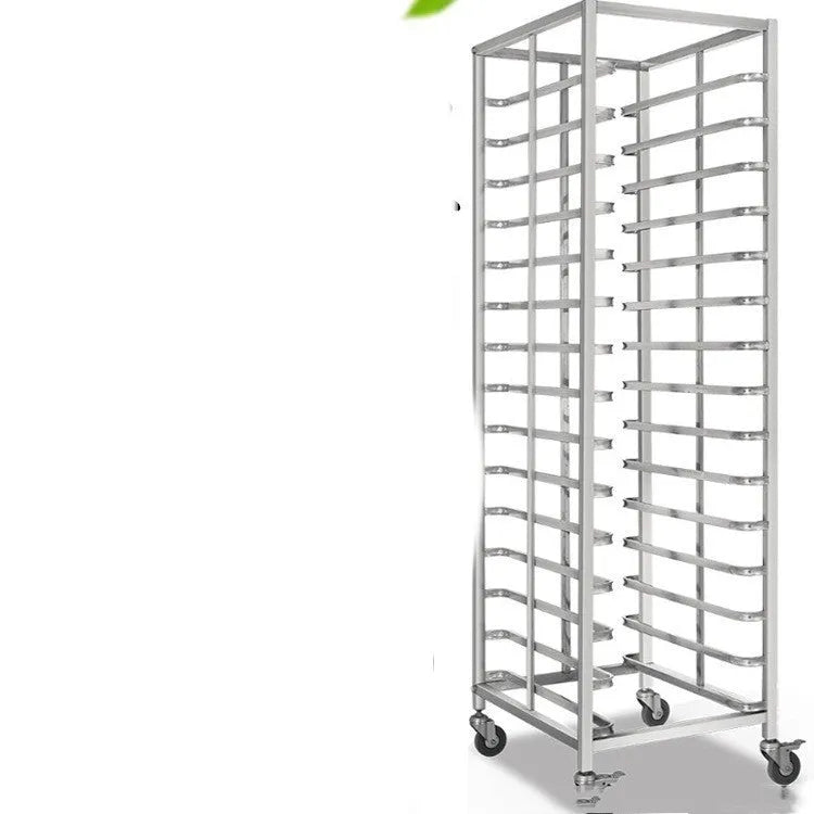 Stainless steel six-layer baking tray rack with locking mechanism for 40cm by 60cm sheets.
