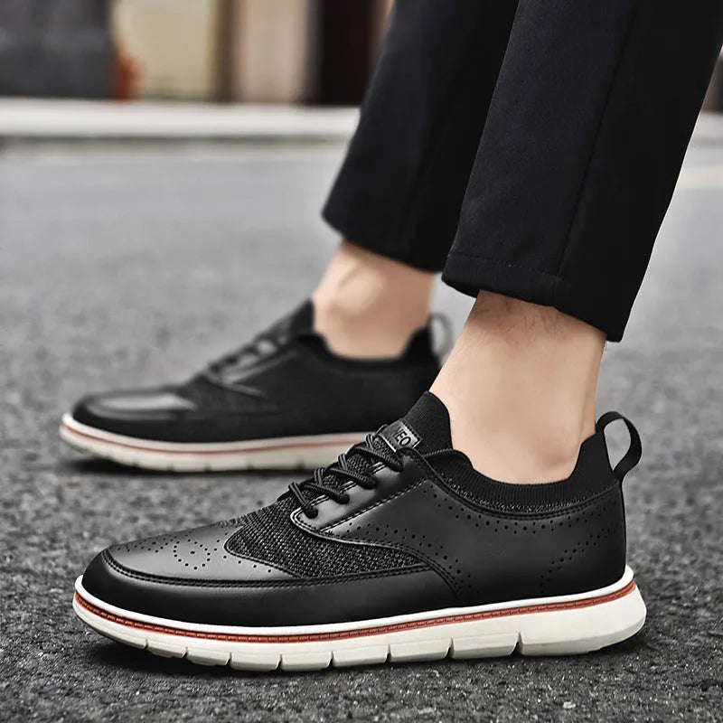 Men's British style casual leather shoes black low top round toe artificial PU upper