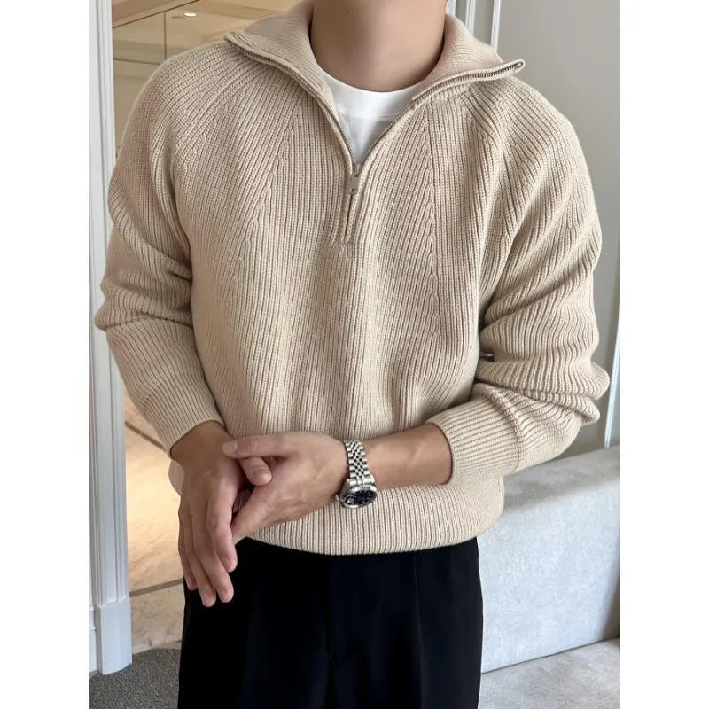 Men's modal rabbit fur loose pullover sweater in khaki or black, thickened knit, sizes S to XL