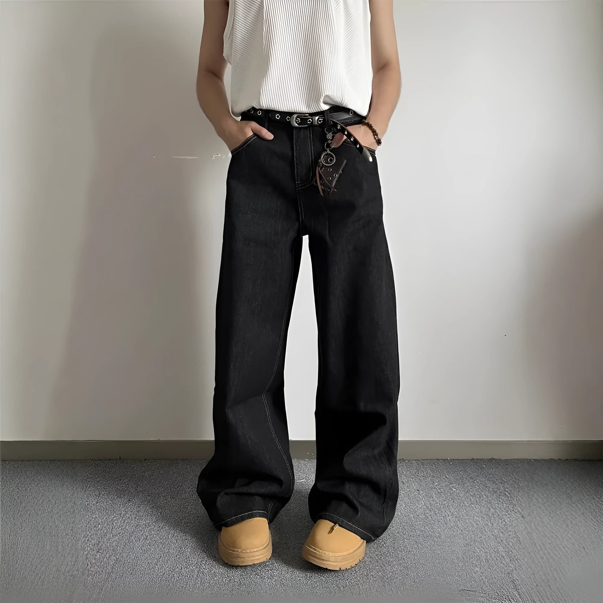 Black retro loose wide-leg jeans with straight-leg design on mannequin