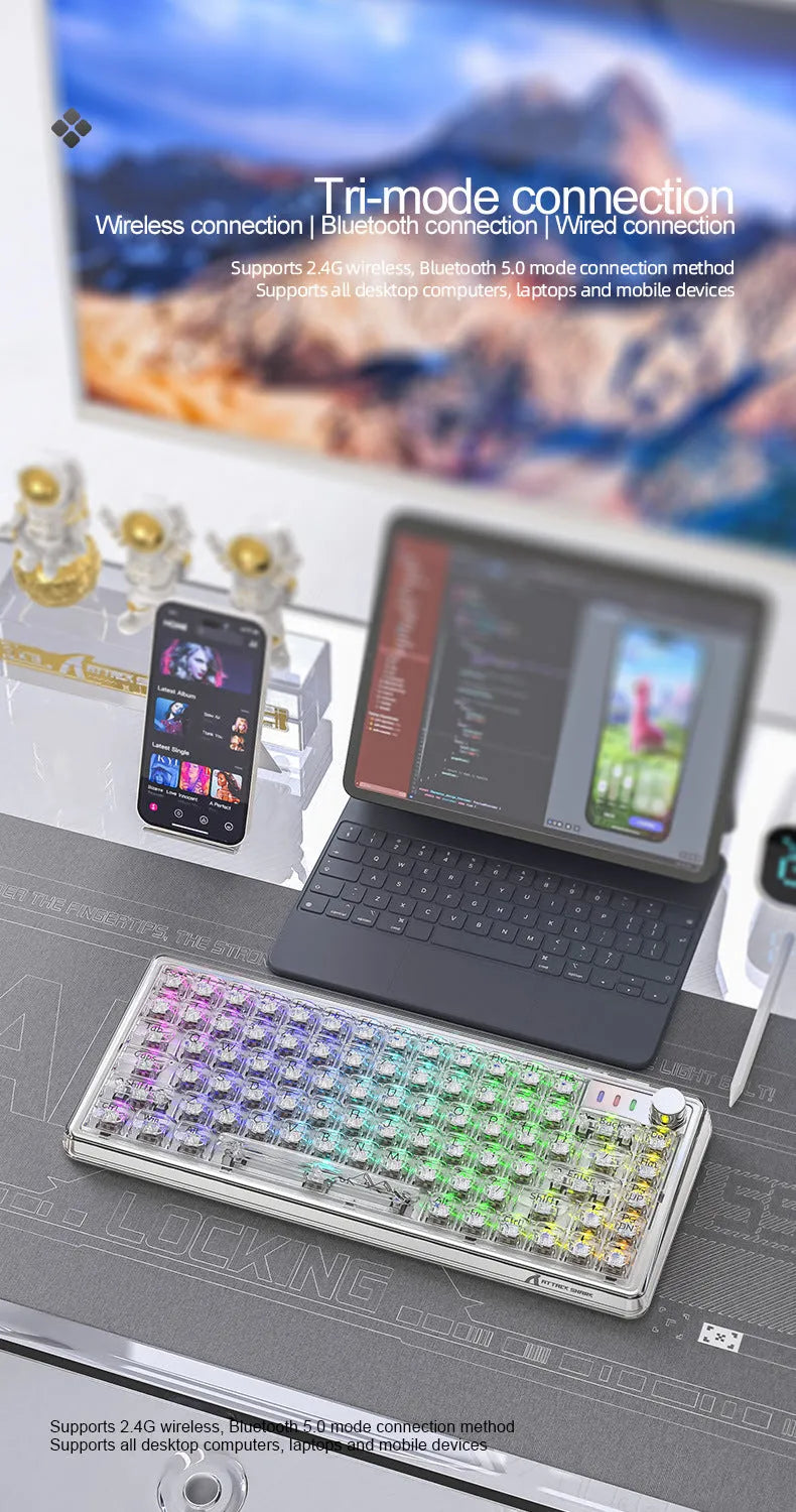 Attack Shark K75 transparent wireless mechanical keyboard with RGB lighting on black background