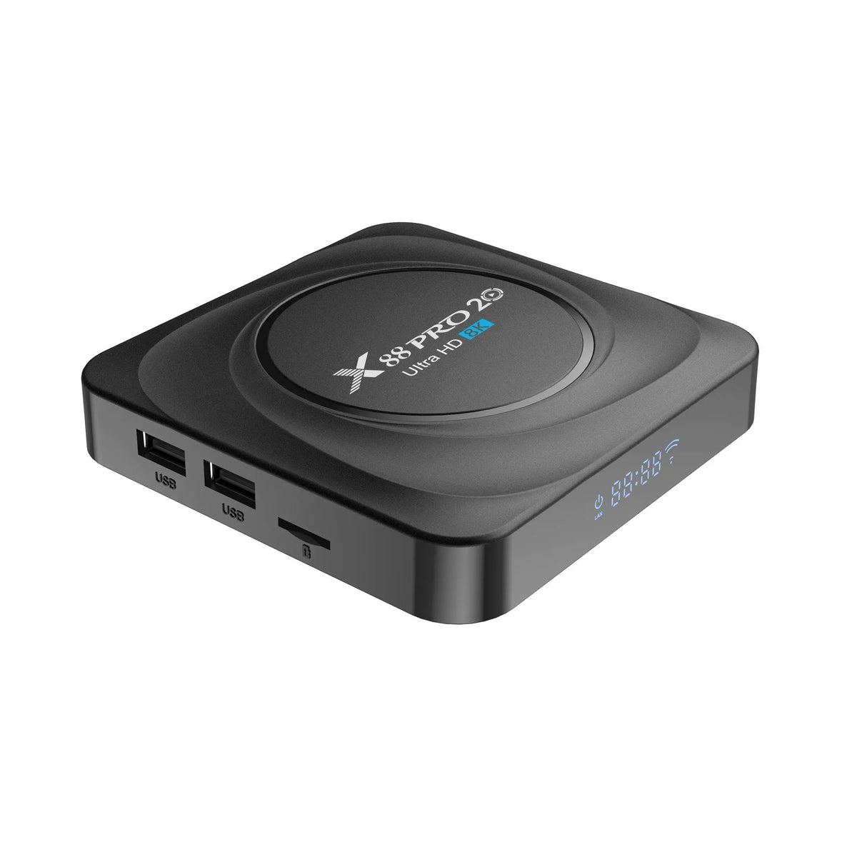 Compact black Android 11 smart TV box with HDMI port, remote control, and cables on a white background.