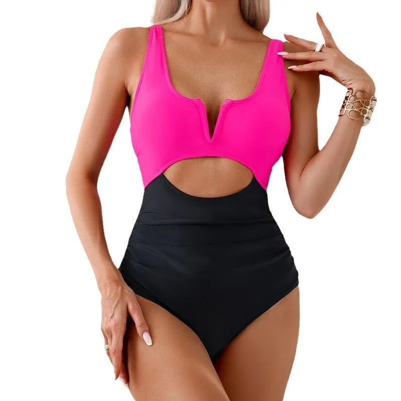 Women's one-piece swimsuit with contrasting colour blocks in nylon fabric