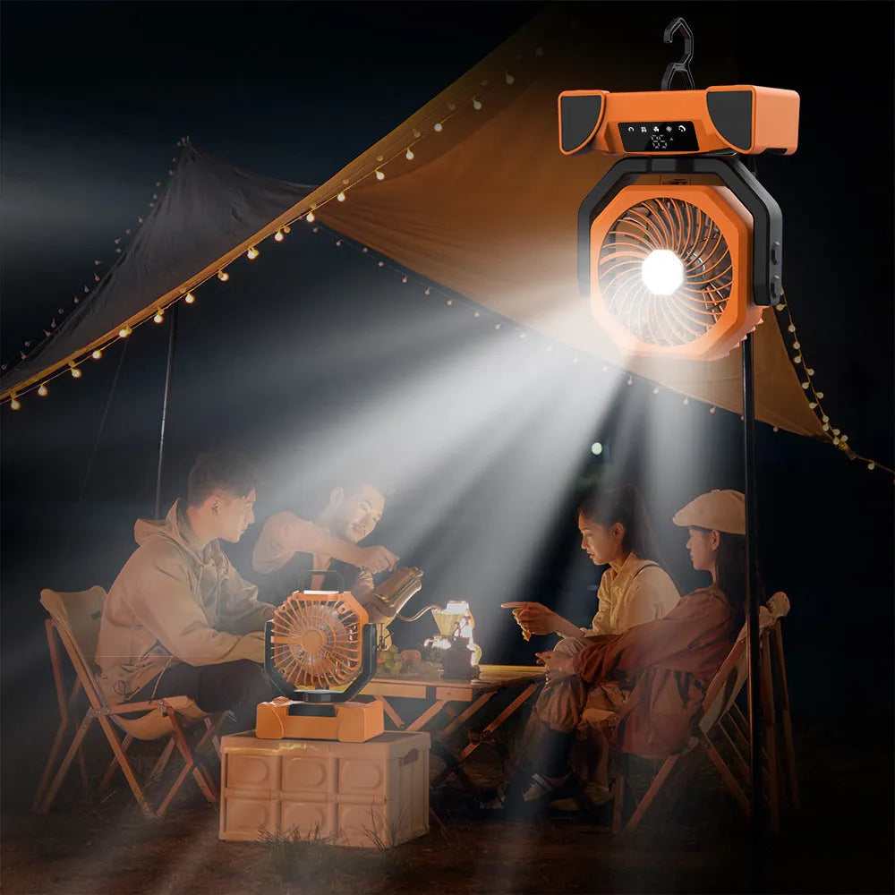Portable rechargeable fan with remote control, shaking head, light and mobile power in F6 orange, army green or black