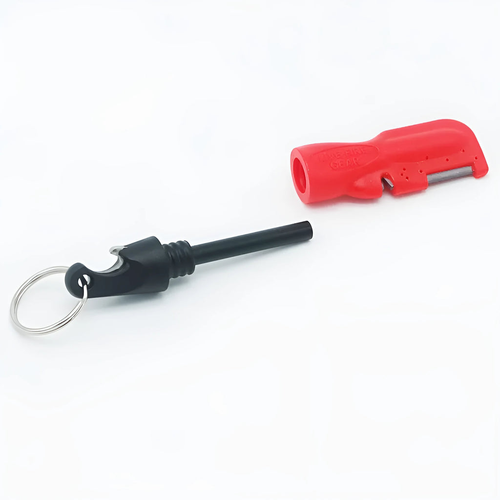 Black three-in-one fire starter bottle opener with tungsten carbide scraper and magnesium bar
