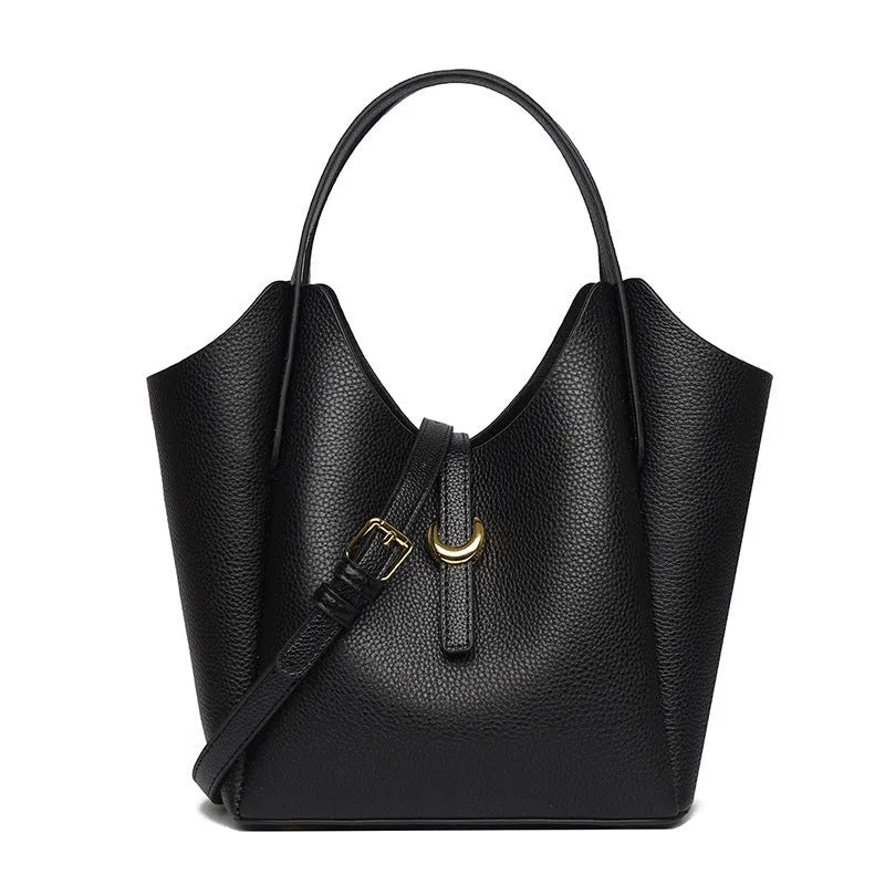 Genuine leather women's bucket handbag in retro style with large capacity and internal file organisation