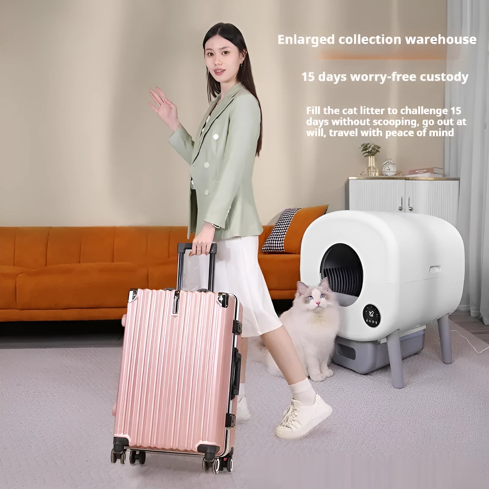Automatic self-cleaning cat litter box with 13 litre waste bin and ABS plastic housing