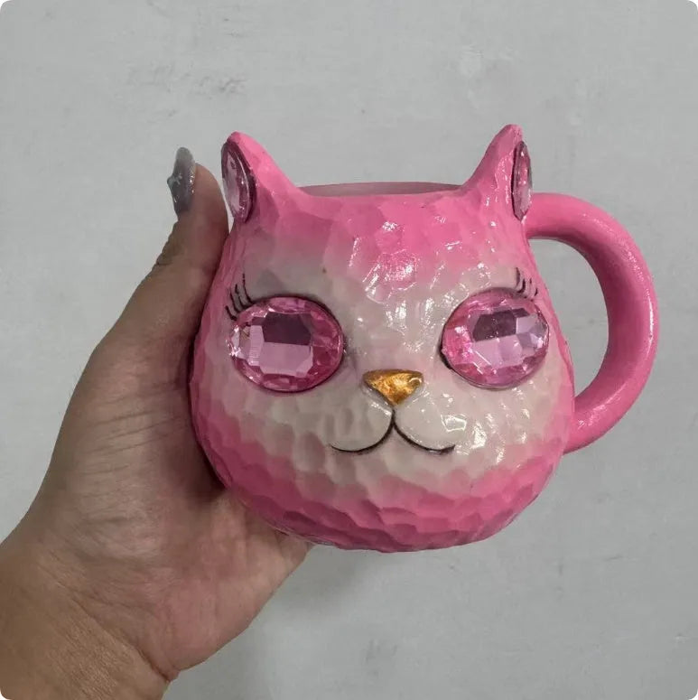 Resin cat cup decorative figurine ornament in purple, green, blue, or pink colour.