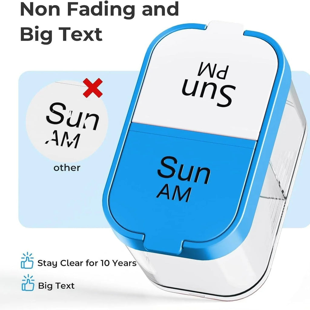 White and rainbow coloured portable pill box with 14 removable grid compartments, shown detached.