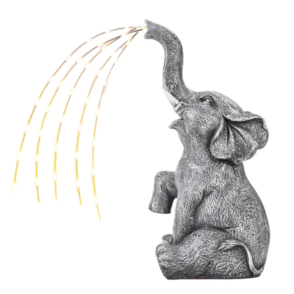 Grey resin elephant garden sculpture with built-in LED light strip for outdoor decoration