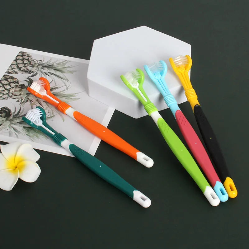 Three-head plastic pet toothbrush for dogs in grass green colour for oral cleaning