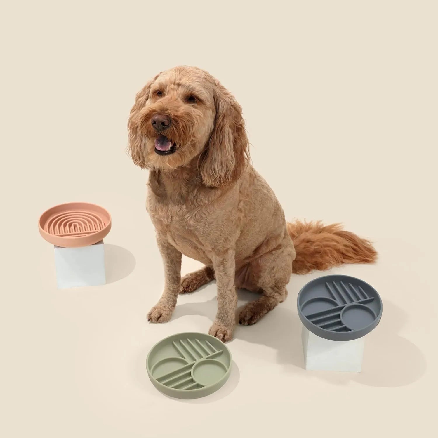 Silicone dog slow feeder bowl with textured ridges, shown in beige colour