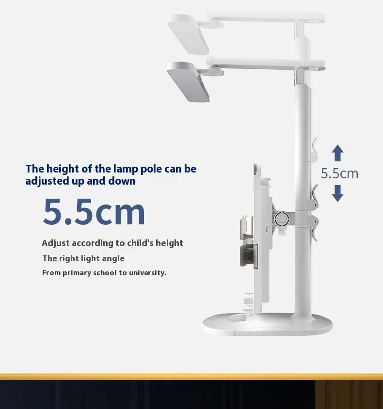 Adjustable reading bookshelf lamp with three colour temperature settings on a desk