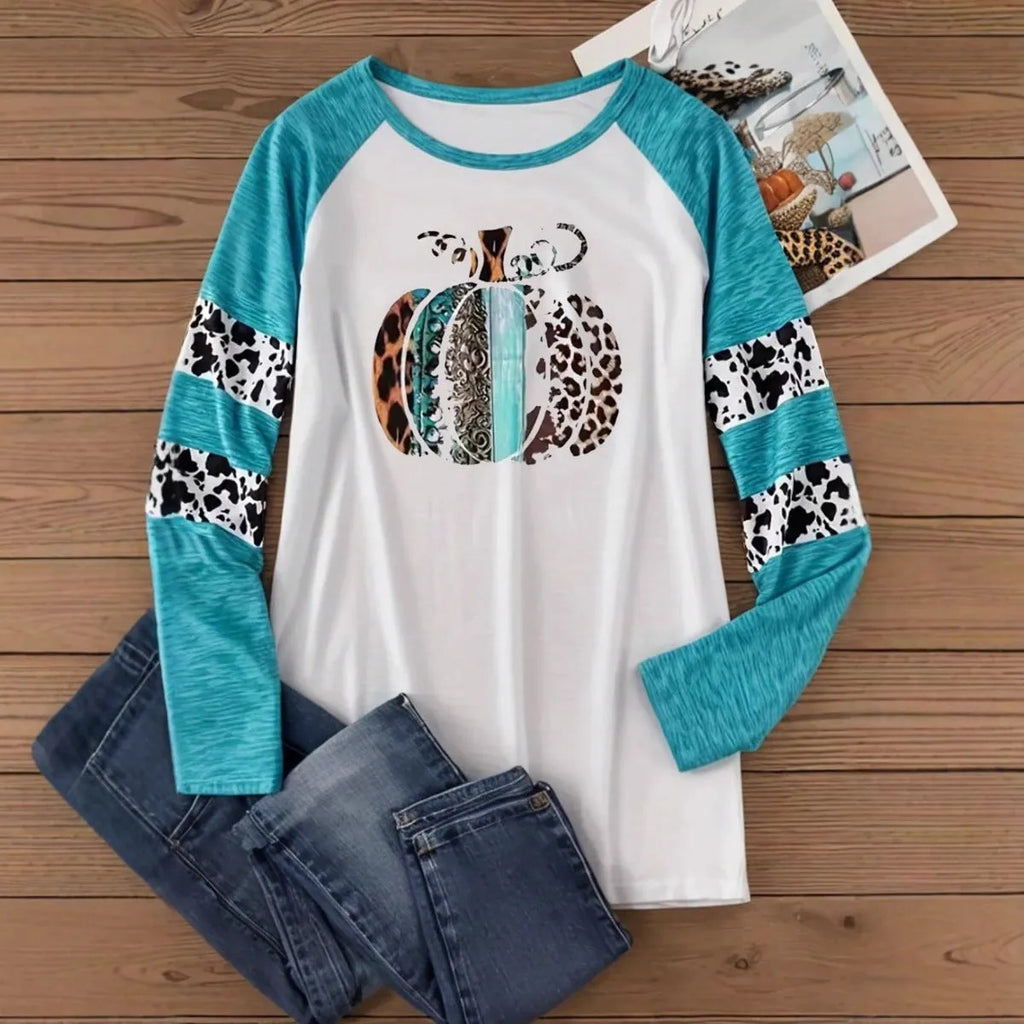 White polyester t-shirt with sky blue Halloween pumpkin digital print, long sleeves, regular fit