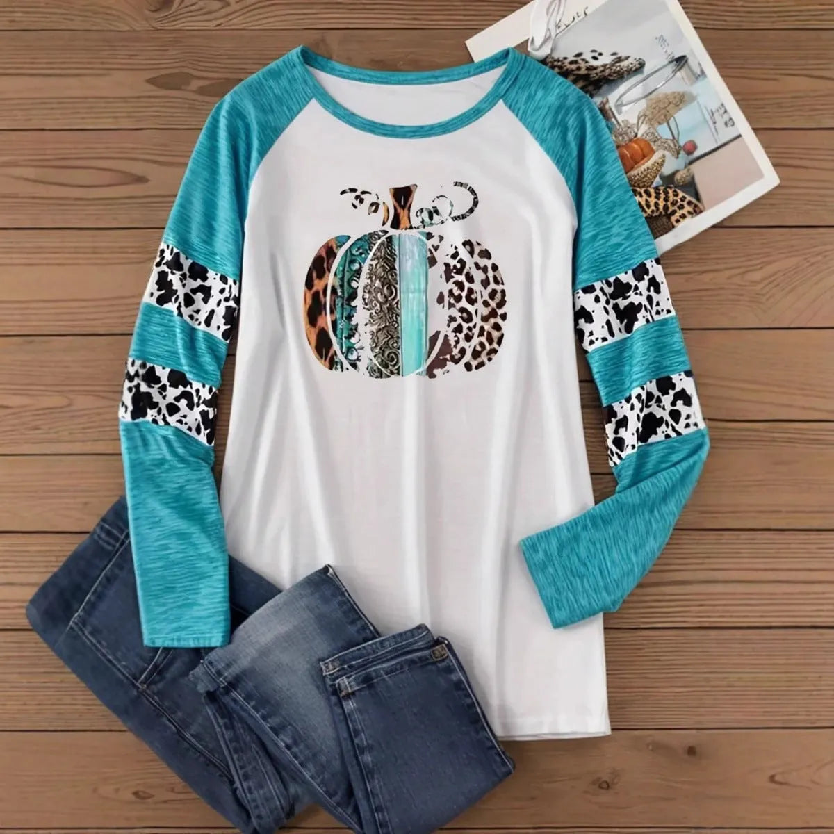 White polyester t-shirt with sky blue Halloween pumpkin digital print, long sleeves, regular fit
