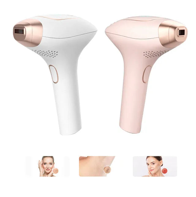 Pink and white three-in-one ice-sensing laser hair removal device with accessories