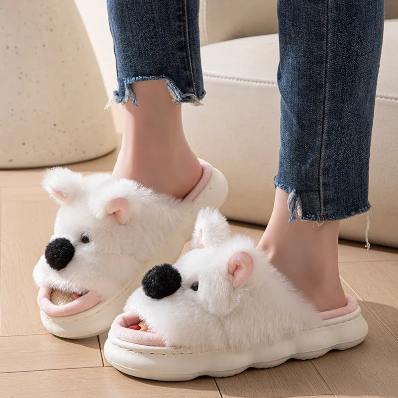 Women's linen indoor slippers with cartoon animal design, thick EVA sole, available in pink and white