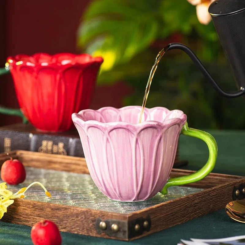 500ml floral ceramic breakfast cup in red or purple pastoral design