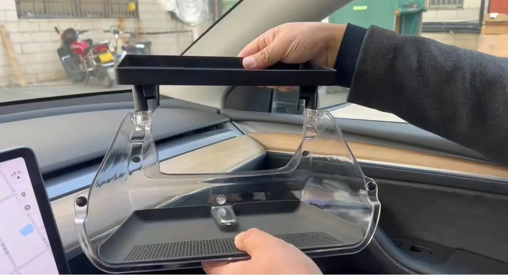Black ABS plastic storage organiser tray for Tesla Model 3 and Y centre console.