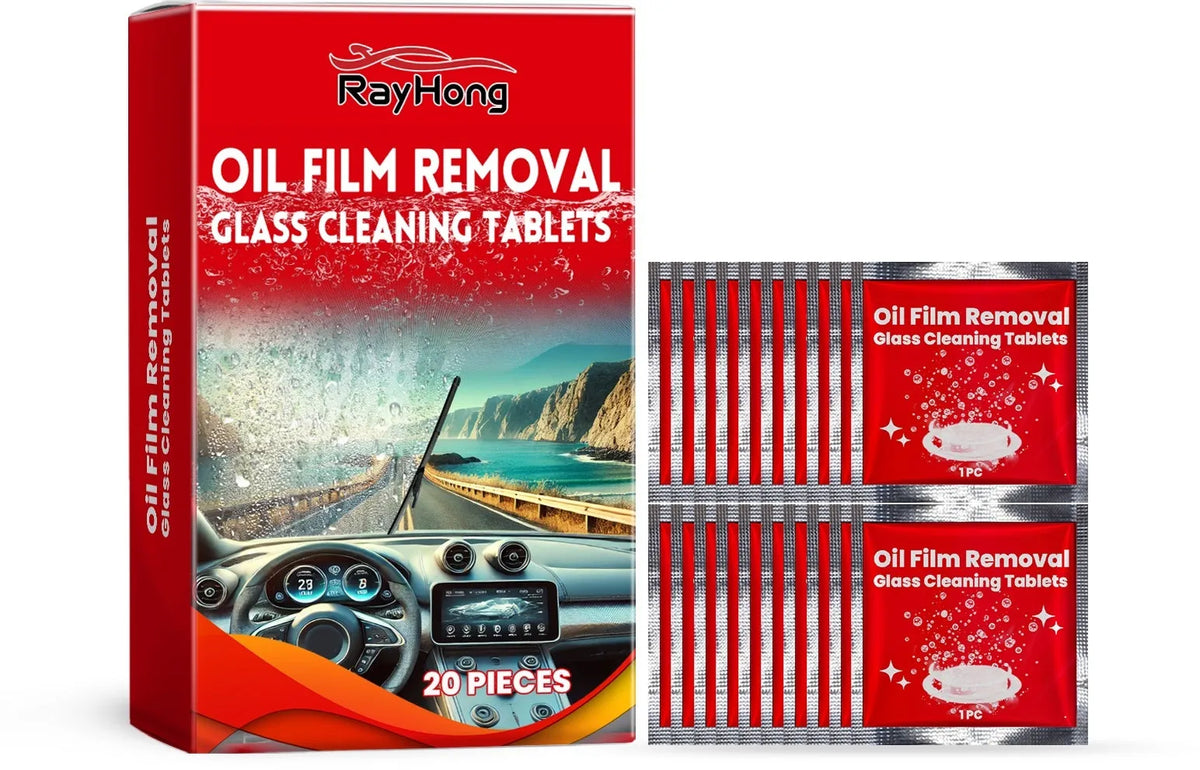 Glass cleaning tablets as 6x6cm dry sheets, available in 20 or 30 piece packs for windows and mirrors