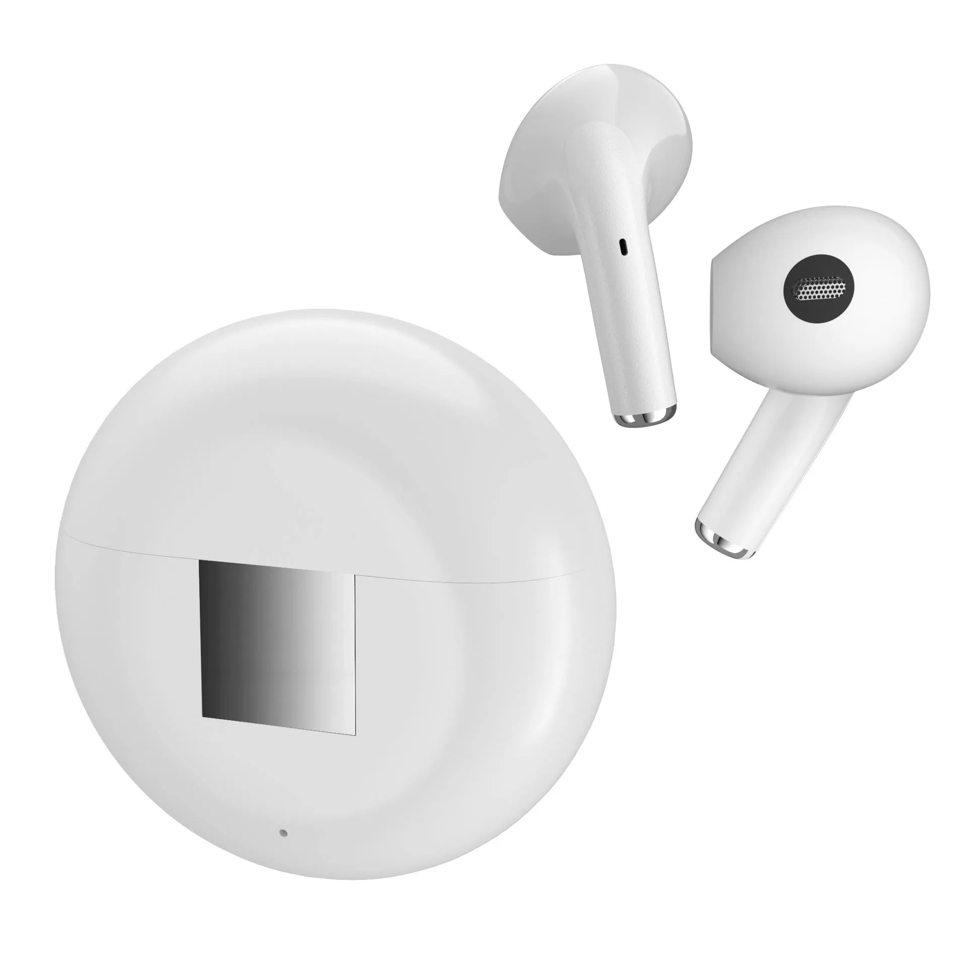 White Wireless Budz5 semi-in-ear Bluetooth headphones with a compact charging case on a solid background.
