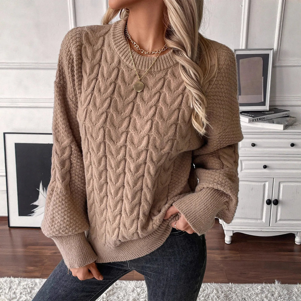 Women's beige polyester pullover sweater with round neck and twist design detail