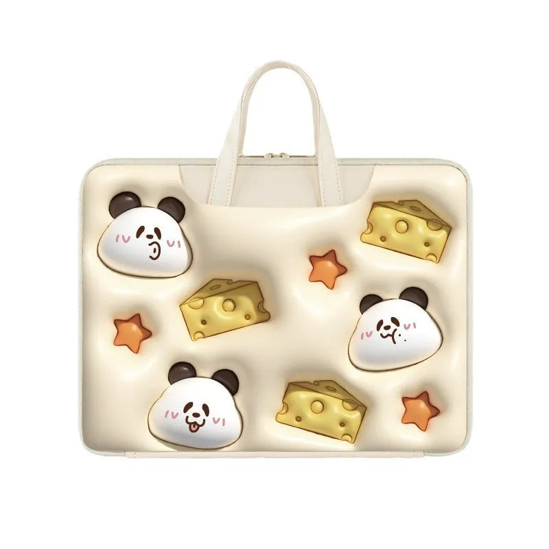 PU leather inflatable laptop bag with strap, shown in a cute character design.