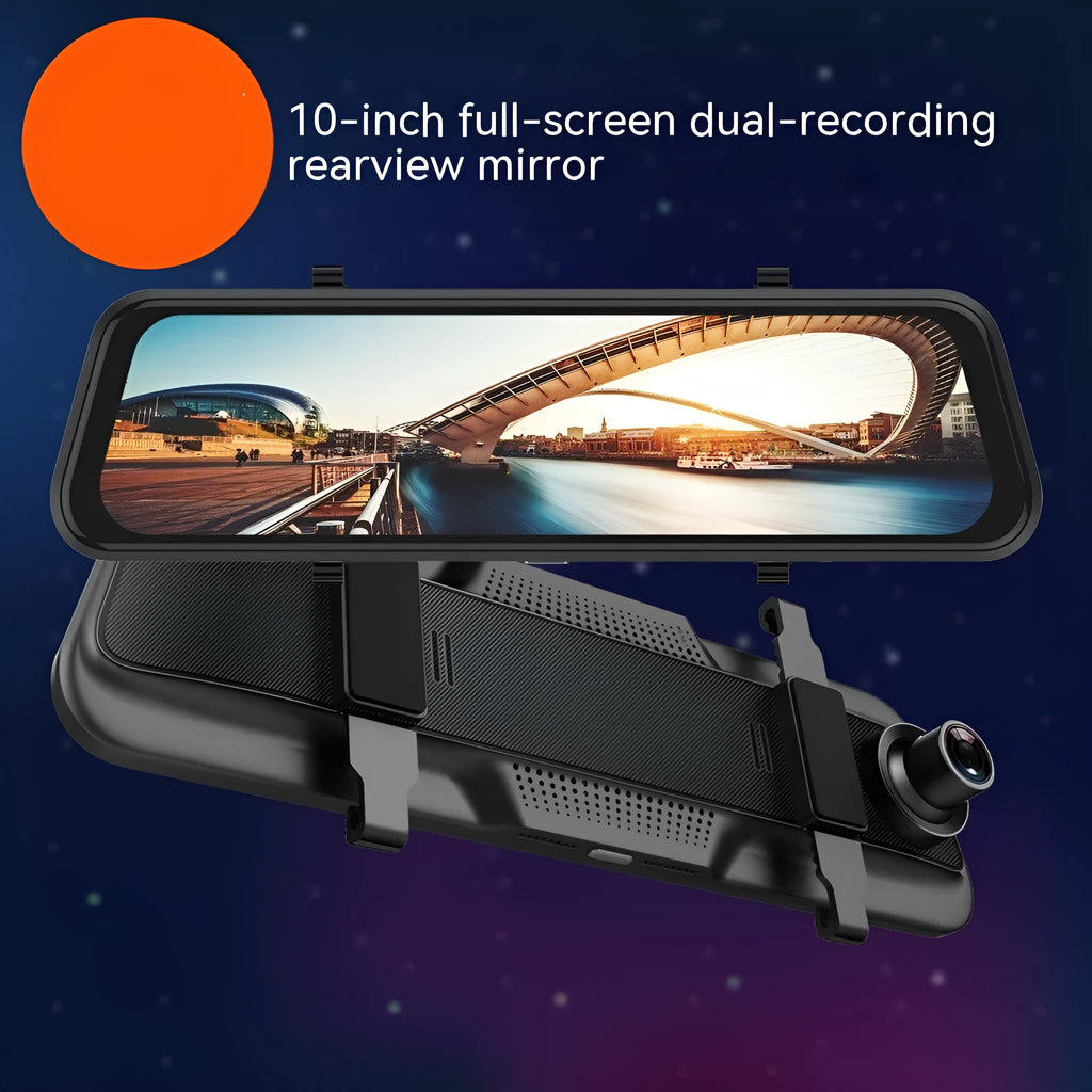 Black rearview mirror dash cam with 10-inch touch display showing road recording