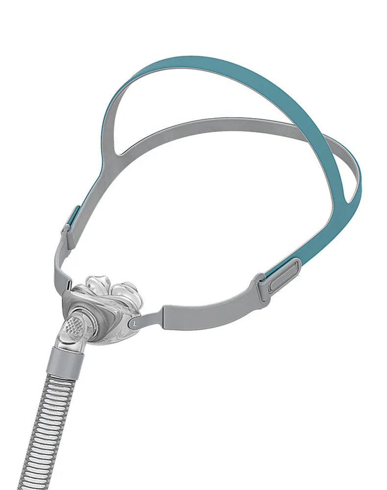 Ventilator nasal pillow mask set with plastic nasal plug, silicone cushion, and headband components