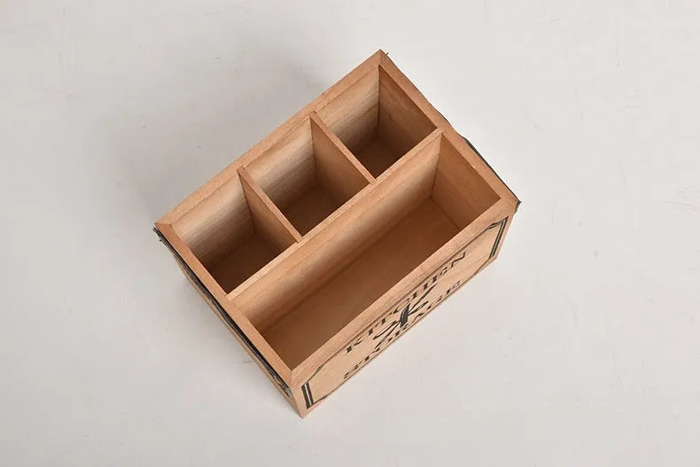 Wooden cutlery storage box with divider grid measuring 12.5cm by 12.5cm by 23cm