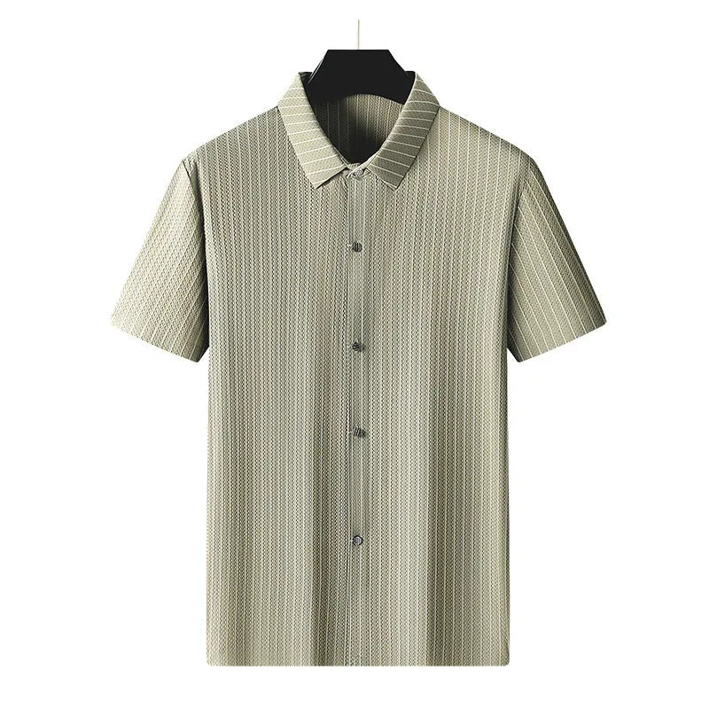 Men's black and khaki striped plus size casual shirt with square collar in loose fit