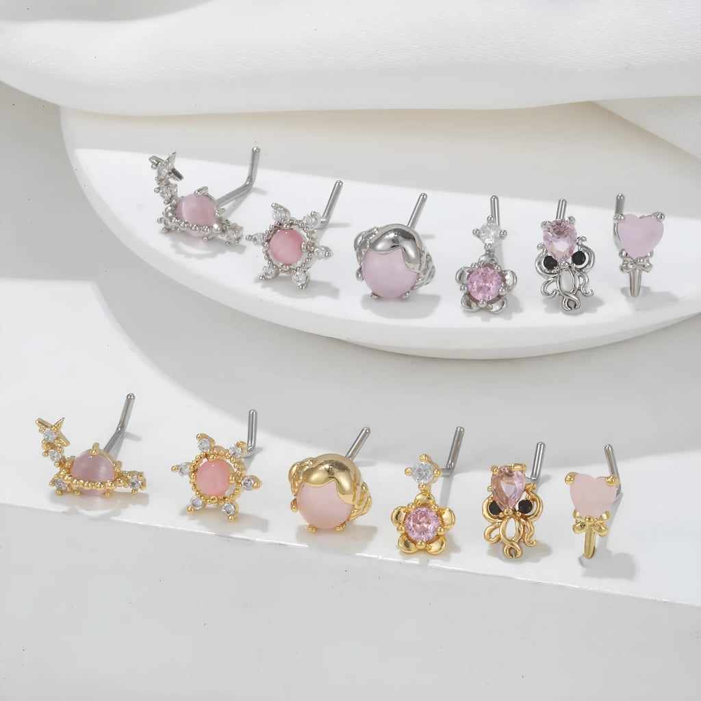 Minimalist animal L-bar nose stud with zircon inlay, 18K gold or white K plated copper