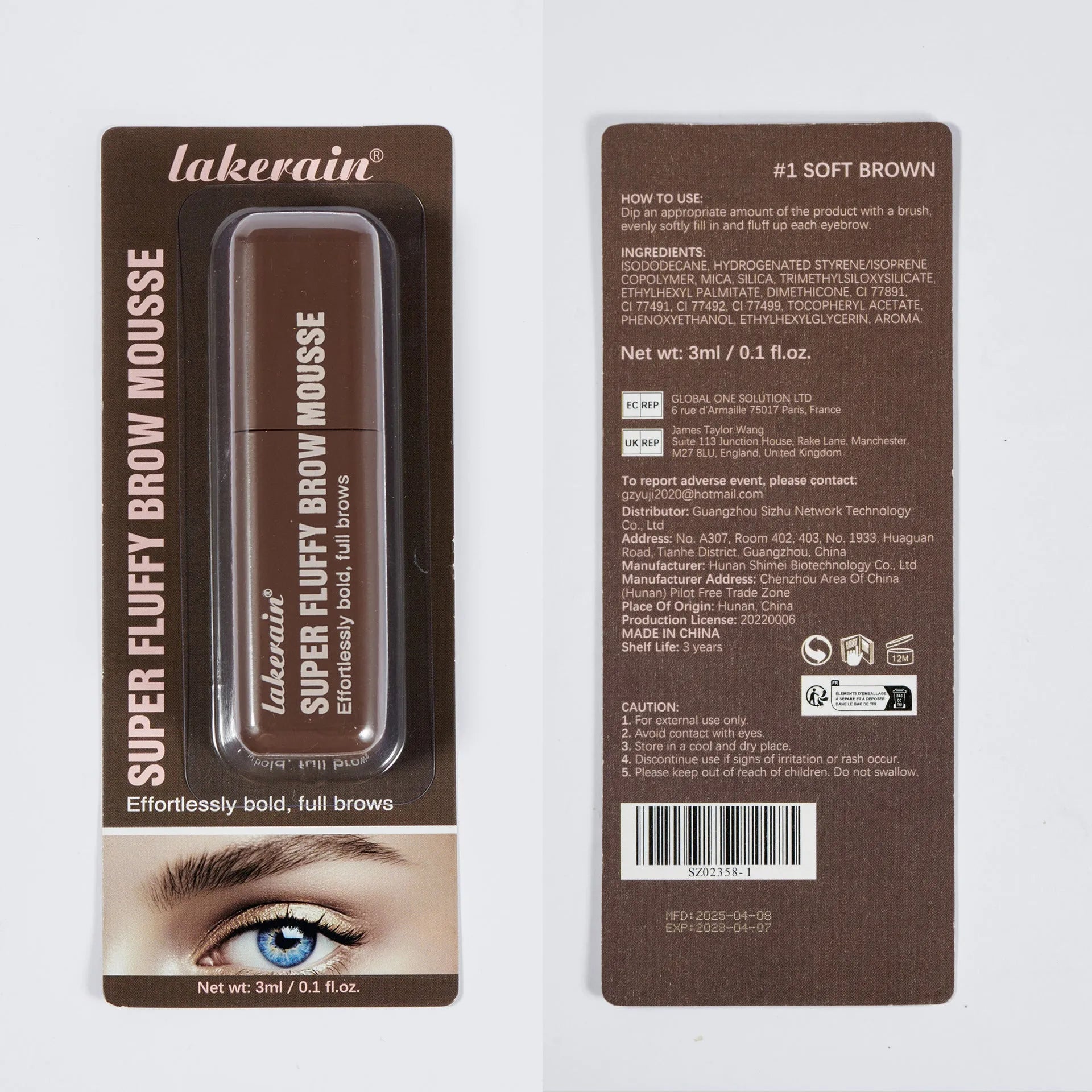 Eyebrow cream mousse tube with six colour shade options for eyebrow shaping